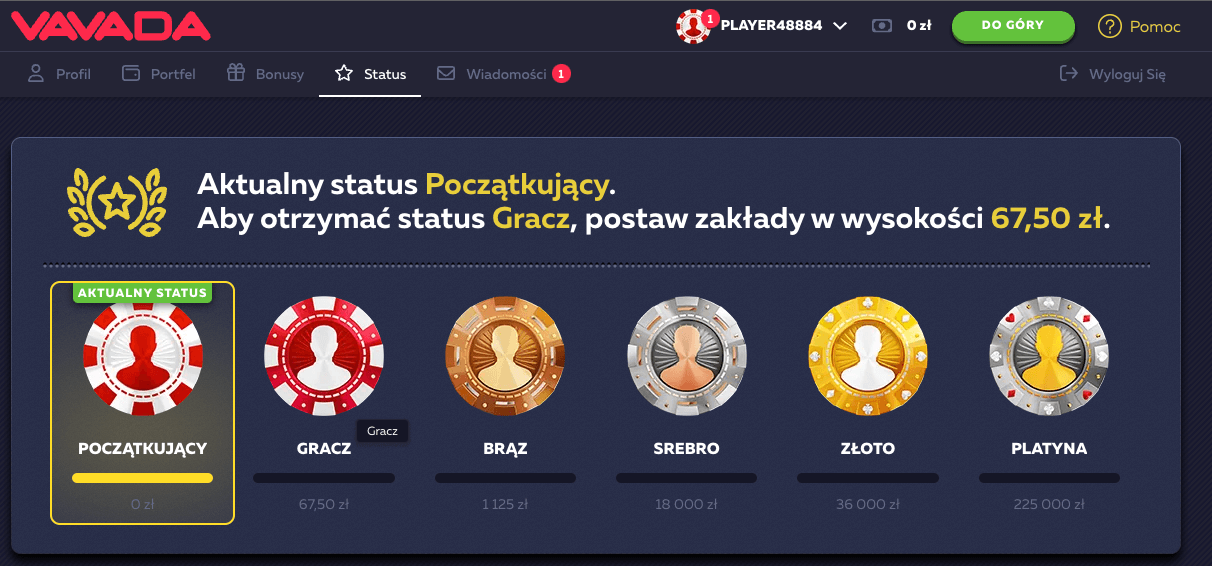 Poziomy programu lojalnościowego Vavada: Początkujący, Gracz, Brąz, Srebro, Złoto, Platyna